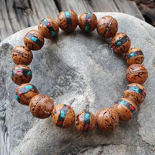 EDMIRIA Tibetan Mala Bodhi Seed Wrist Mala From Bodh Gaya Nepal Phoenix Eye Natural Bodhi Bracelets Buddha Beads Hand String Men Women Prayer Japa mala (Inlaid Indian Bodhi) - Image 3