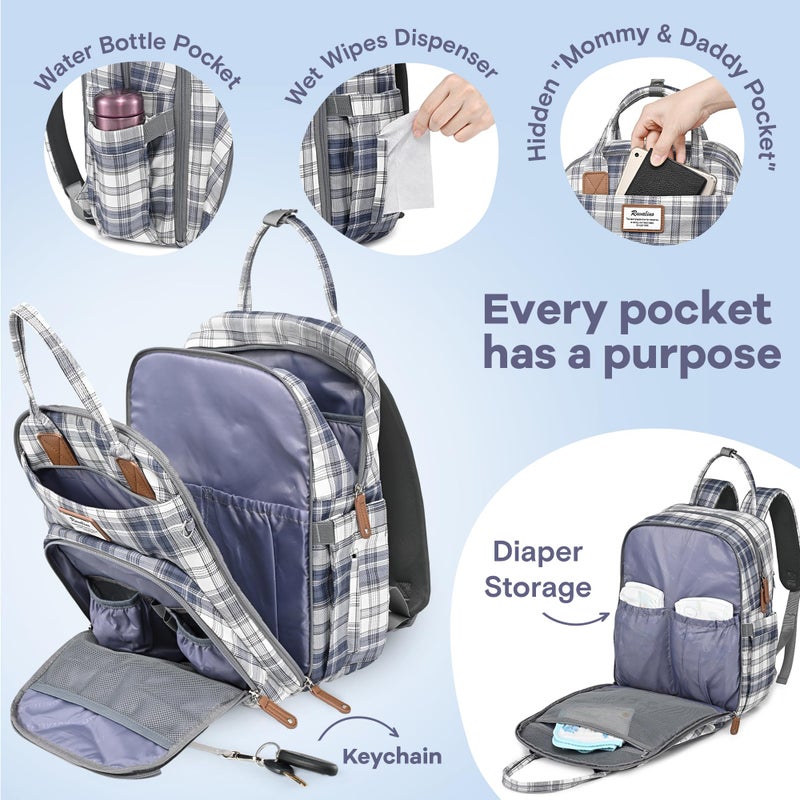 RUVALINO Diaper Bag Backpack - Multifunction Waterproof Travel Backpack, Maternity Baby Bag with Changing Pad & Stroller Ring & Pacifier Case - Travel Essentials & Baby Registry Search - Blue Plaid - Image 4