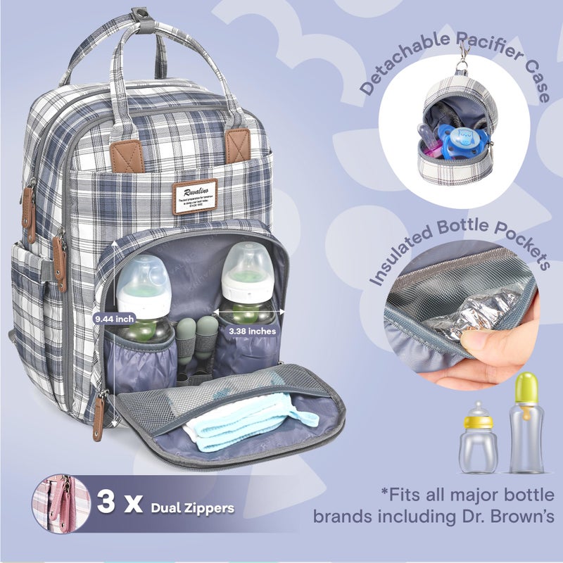 RUVALINO Diaper Bag Backpack - Multifunction Waterproof Travel Backpack, Maternity Baby Bag with Changing Pad & Stroller Ring & Pacifier Case - Travel Essentials & Baby Registry Search - Blue Plaid - Image 3