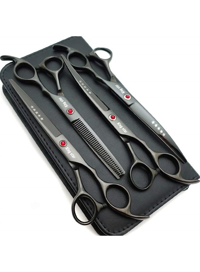 Kingstar 7.0in Titanium Black Professional Pet Grooming Scissors Set,Straight & Thinning & Curved Scissors 4pcs Set for Dog Grooming,(Black)