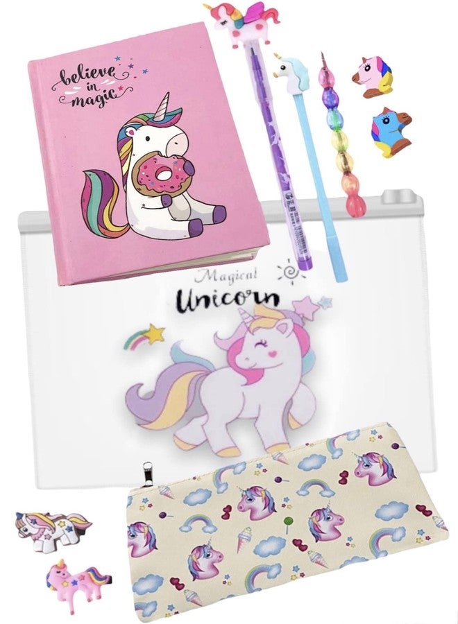 Le Delite Unicorn Diary Notebook secret journal combo for girls Kids, Stylish school stationary pencil pouch folder Pen, Pencil Box cute Eraser (small diary combo) - Image 1