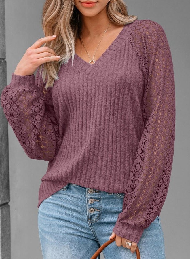 AUTOMET Women Long Sleeve Shirts Fall Lace Tops 2025 V Neck Sweaters Dressy Casual Business Winter Fashion Tunic Blouses, Wine, M - Image 3