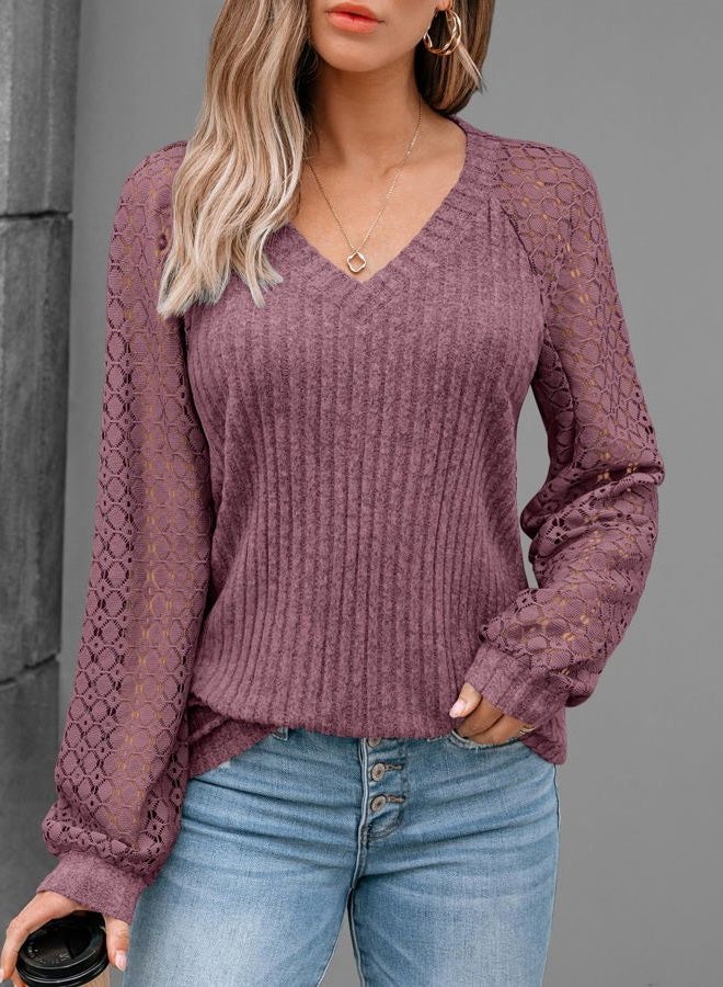 AUTOMET Women Long Sleeve Shirts Fall Lace Tops 2025 V Neck Sweaters Dressy Casual Business Winter Fashion Tunic Blouses, Wine, M - Image 2