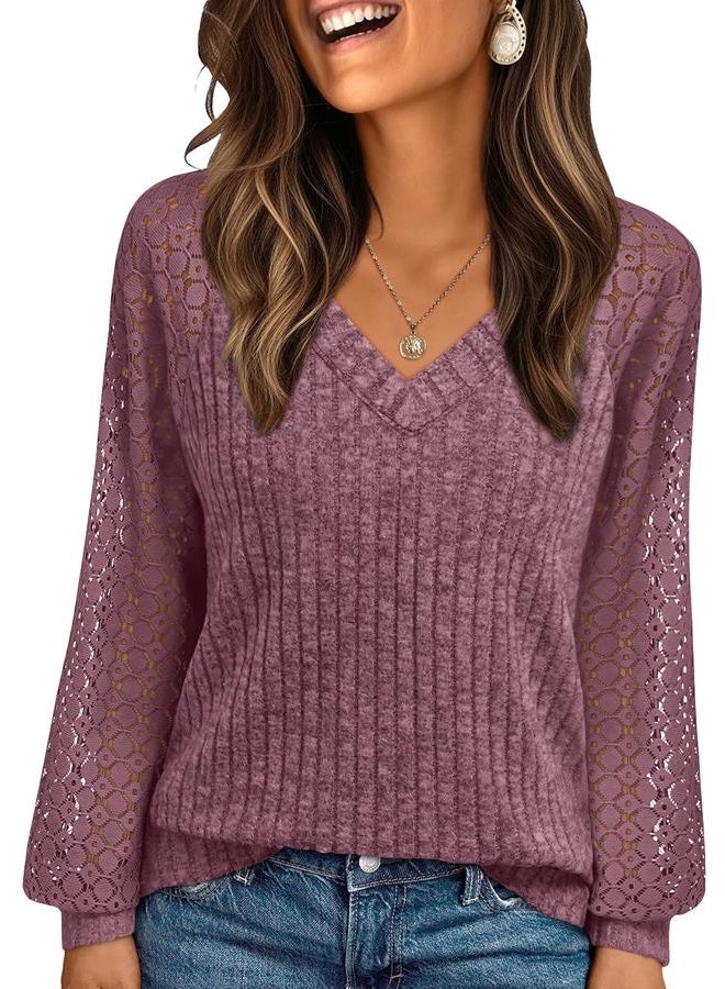 AUTOMET Women Long Sleeve Shirts Fall Lace Tops 2025 V Neck Sweaters Dressy Casual Business Winter Fashion Tunic Blouses, Wine, M - Image 1