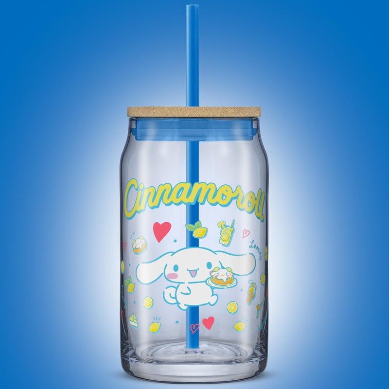 JoyJolt Sanrio Hello Kitty and Friends Favorite Flavor Glass Tumbler with Bamboo Lid and Straw, Leakproof 16oz Clear Soda Can Shaped Cup featuring Cinnamoroll, Hello Kitty Merch - Image 4