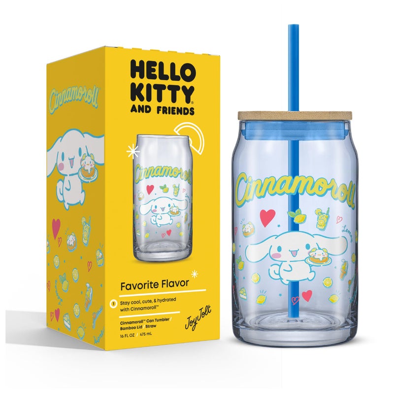 JoyJolt Sanrio Hello Kitty and Friends Favorite Flavor Glass Tumbler with Bamboo Lid and Straw, Leakproof 16oz Clear Soda Can Shaped Cup featuring Cinnamoroll, Hello Kitty Merch - Image 1
