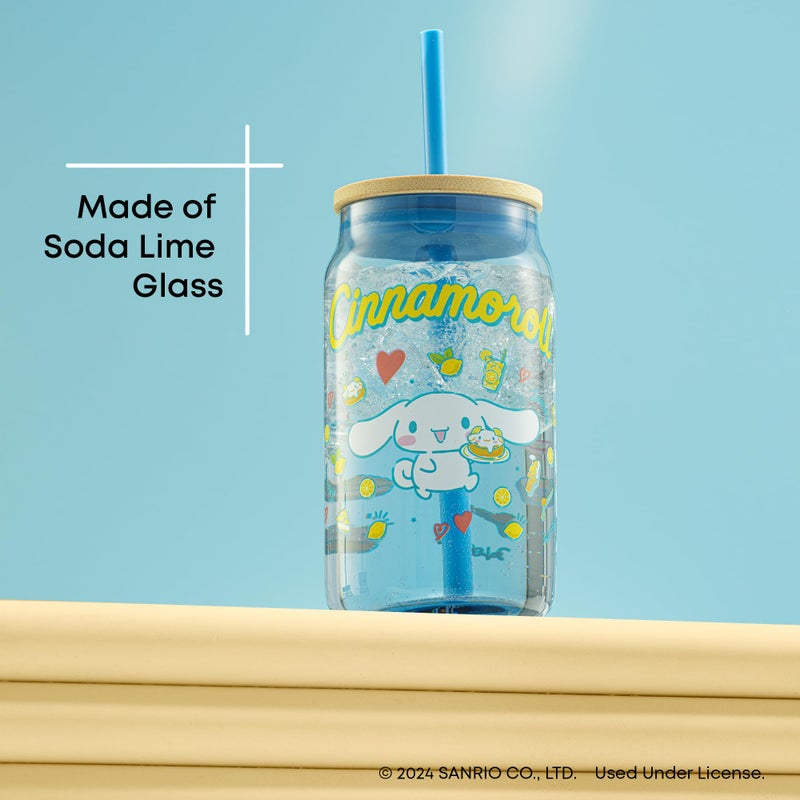 JoyJolt Sanrio Hello Kitty and Friends Favorite Flavor Glass Tumbler with Bamboo Lid and Straw, Leakproof 16oz Clear Soda Can Shaped Cup featuring Cinnamoroll, Hello Kitty Merch - Image 3