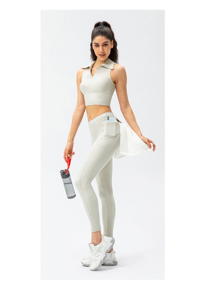 Loquat High rise and turndown collar vest fitness running tights yoga sport two suits.  - Image 1