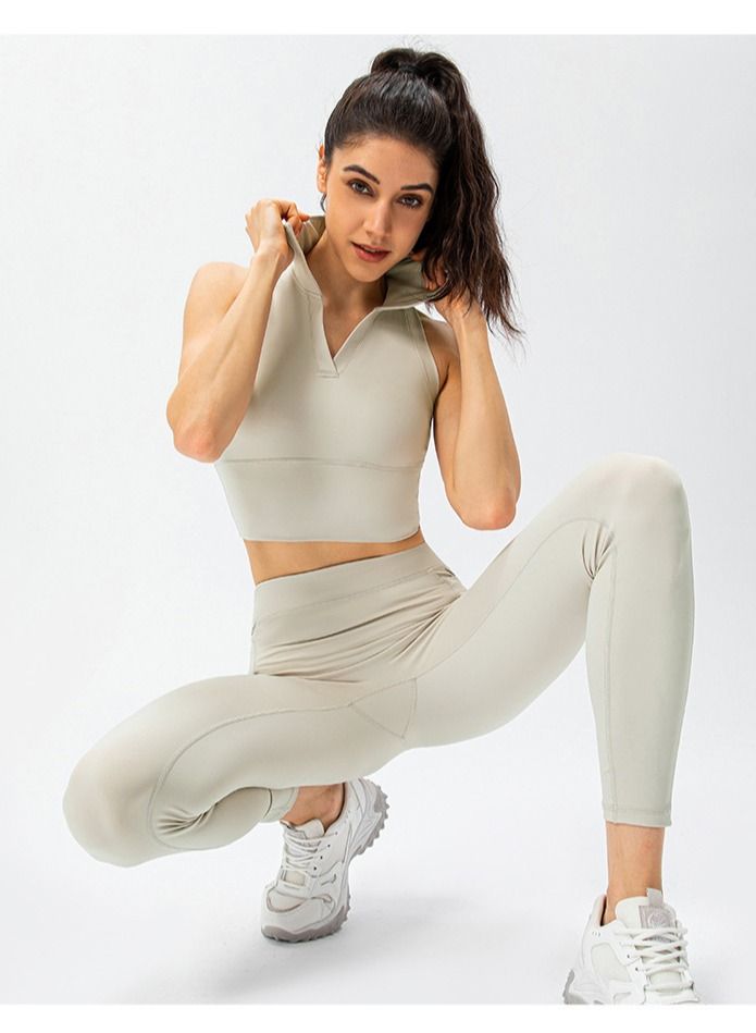 Loquat High rise and turndown collar vest fitness running tights yoga sport two suits.  - Image 3