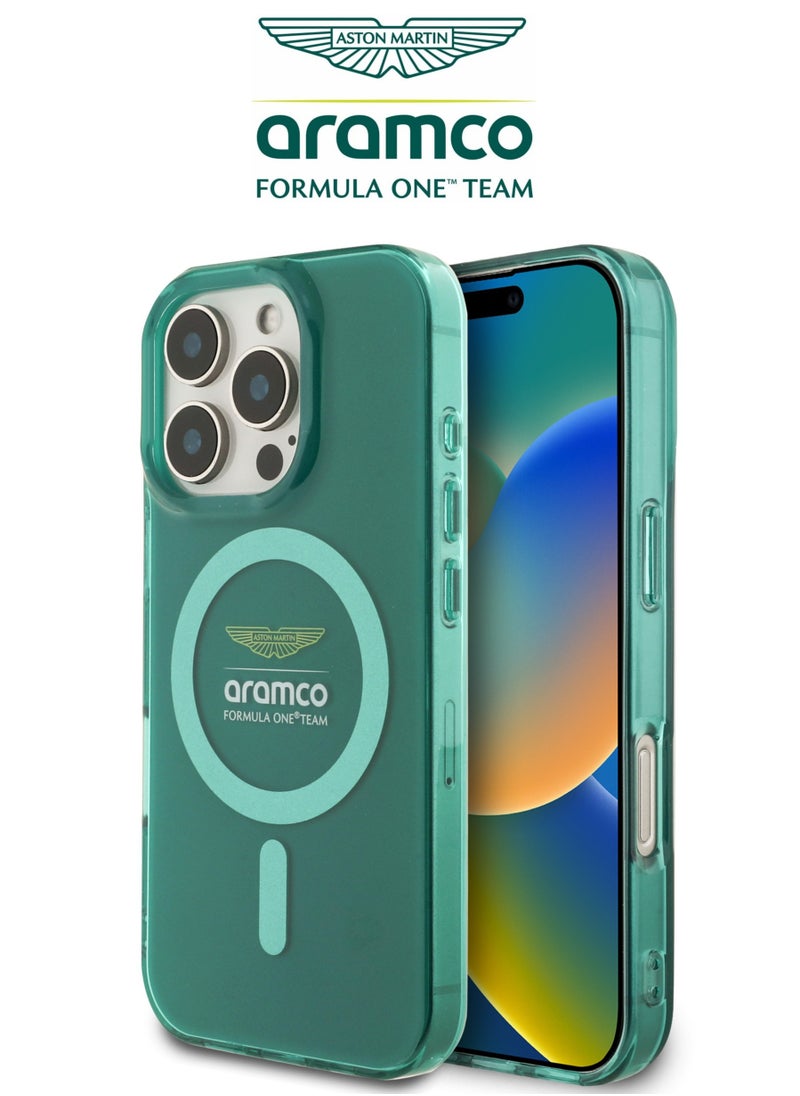 CG MOBILE iPhone 16 Pro case with strong back protection for the mobile phone. iPhone 16 Pro mobile phone case made of strong and luxurious PC/TPU. iPhone 16 Pro cover with a luxurious French design. Original cover iphone 16 pro certified by the global brand Aston Martin (Aramco). Mobile iphone cover supports wireless charging MagSafe. Green  - Image 1