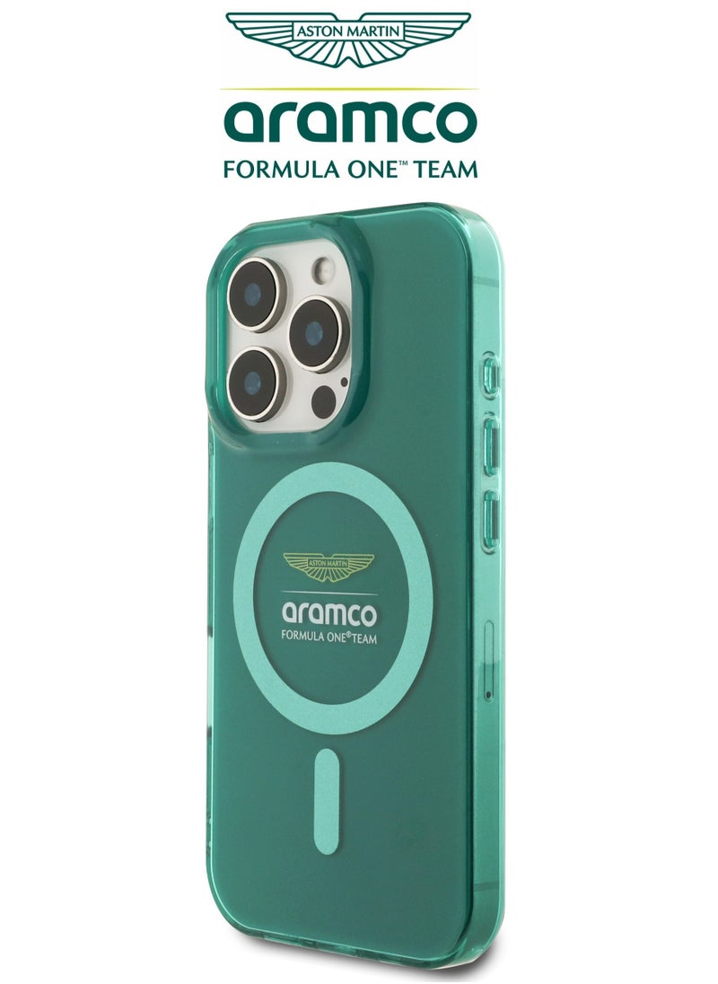 CG MOBILE iPhone 16 Pro case with strong back protection for the mobile phone. iPhone 16 Pro mobile phone case made of strong and luxurious PC/TPU. iPhone 16 Pro cover with a luxurious French design. Original cover iphone 16 pro certified by the global brand Aston Martin (Aramco). Mobile iphone cover supports wireless charging MagSafe. Green  - Image 2