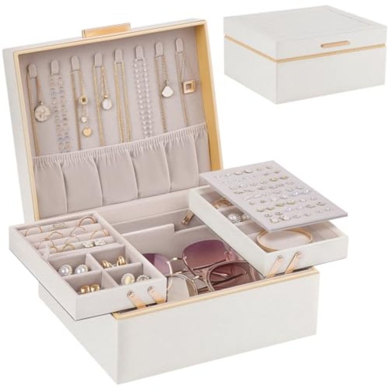 2-Layer Jewelry Box Organizer for Women, Large PU Leather Jewelry Case with Cloud Design, Foldable Retractable Storage for Necklaces Earrings Rings Bracelets - Image 1