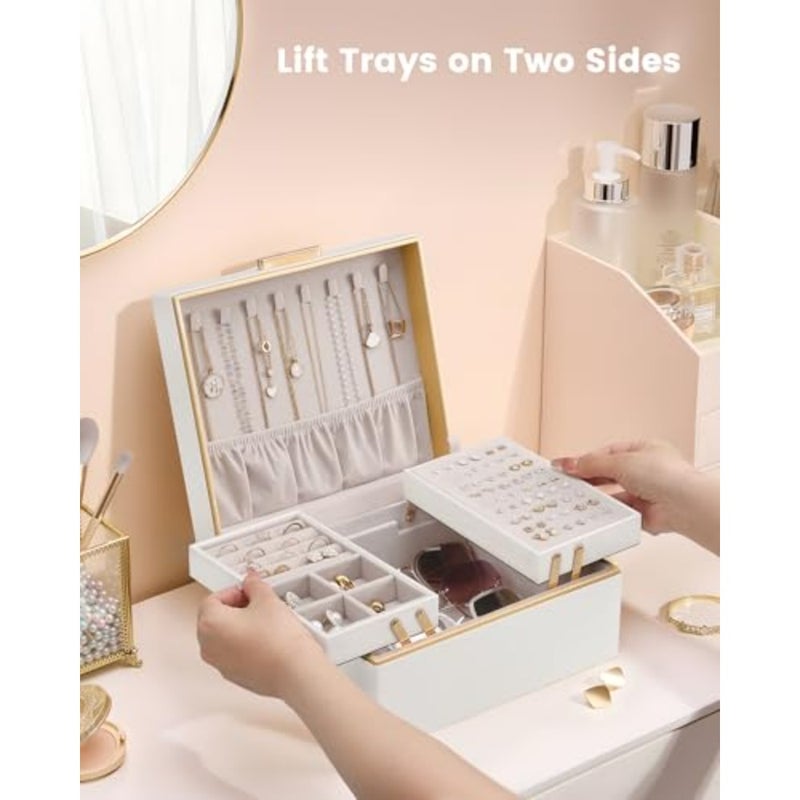 2-Layer Jewelry Box Organizer for Women, Large PU Leather Jewelry Case with Cloud Design, Foldable Retractable Storage for Necklaces Earrings Rings Bracelets - Image 2