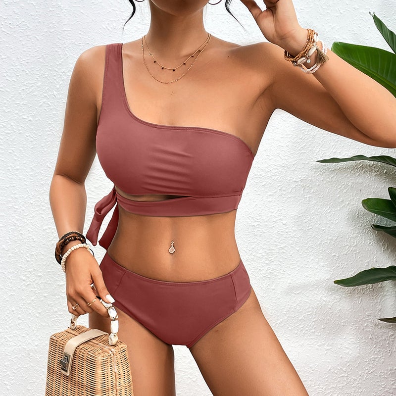 2024 New AliExpress Shoulder Solid Color Printed Strap High Waist Sexy Split Bikini Swimsuit Women - Image 5