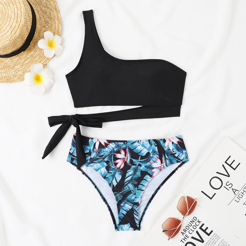 2024 New AliExpress Shoulder Solid Color Printed Strap High Waist Sexy Split Bikini Swimsuit Women - Image 1