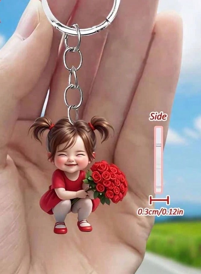 سلسلة مفاتيح بتصميم فتاة لطيفة مع باقة ورود حمراء - Image 1
