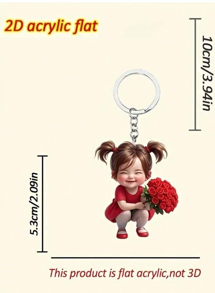 سلسلة مفاتيح بتصميم فتاة لطيفة مع باقة ورود حمراء - Image 2