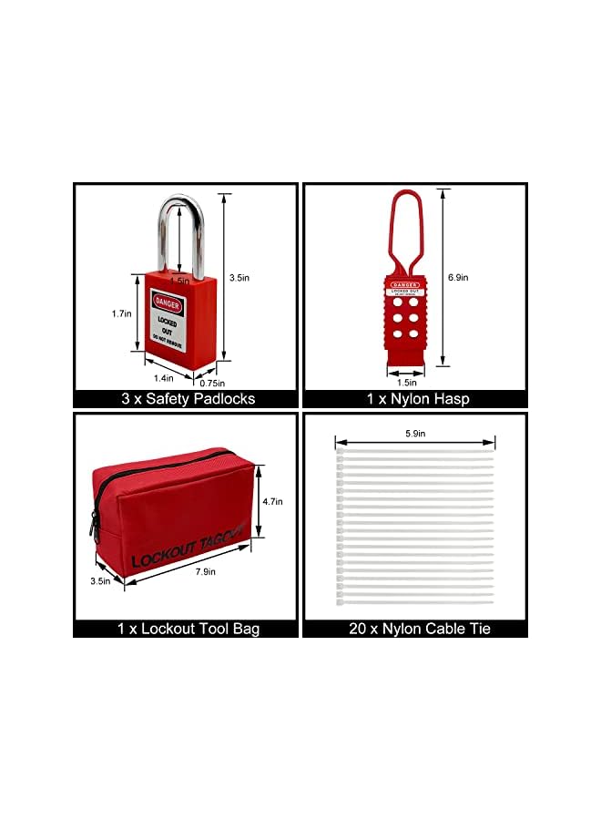 PROMASS Lockout Tagout Kit Electrical Loto - Group Lockout Hasps, Lockout Tags, Safety Padlocks with Number, Nylon Ties with Pocket Bag(Red Kit)  - Image 3