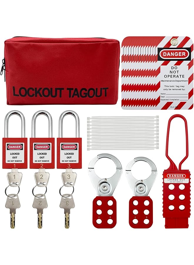 PROMASS Lockout Tagout Kit Electrical Loto - Group Lockout Hasps, Lockout Tags, Safety Padlocks with Number, Nylon Ties with Pocket Bag(Red Kit)  - Image 1