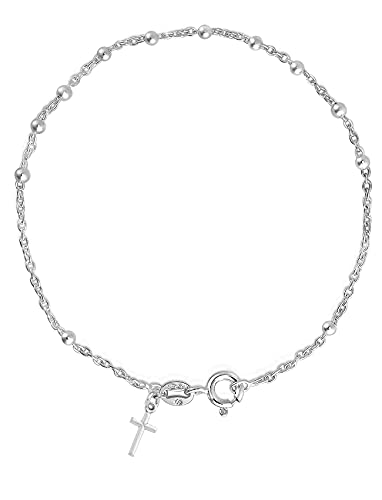 Savlano 925 Sterling Silver Italian Rosary Solid Bead Chain Cross Pendant 7 Inches Bracelet Comes With Gift Box for Women Made in Italy 75 3mm - Image 1