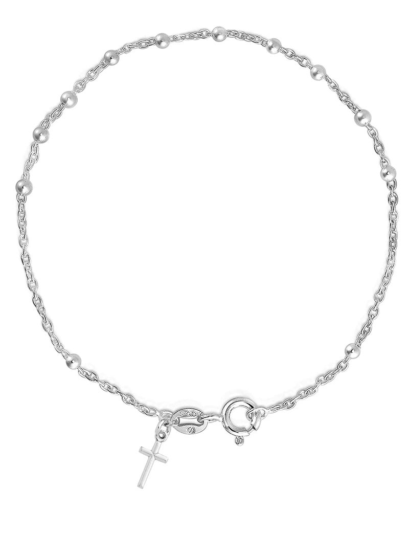 Savlano 925 Sterling Silver Italian Rosary Solid Bead Chain Cross Pendant 7 Inches Bracelet Comes With Gift Box for Women Made in Italy 75 3mm - Image 2