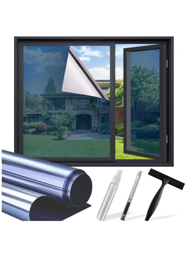 SunBaby Window Tint for Home: UV & Heat Blocking One Way Privacy Film, Daytime See Out Not in Reflective Mirror Film, No Adhesive Static Cling for Glass Doors, Includes 3 Tools, Blue, 17.5"x78.7" - Image 1