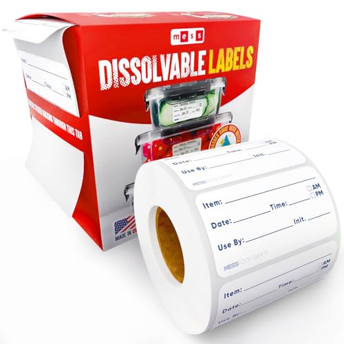 MESS Dissolvable Food Labels, 1x2, 200/Roll - Dissolves in 30 Seconds or Less - Removable Pantry, Meal Prep & Food Storage Labels – Canning & Freezer Use - Image 1