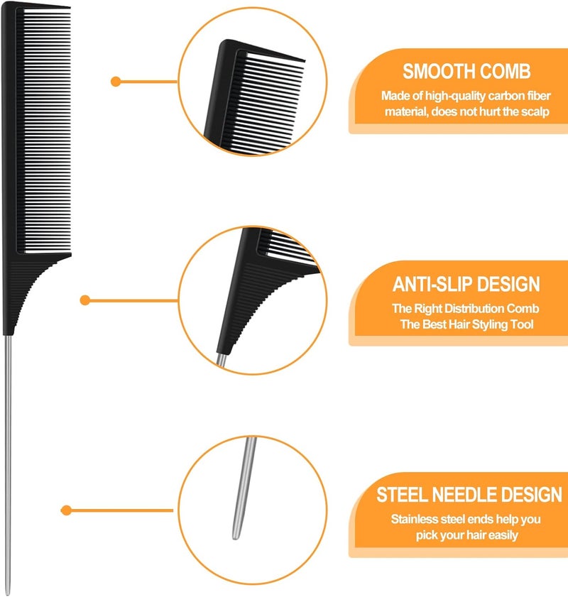 Sularpek Carbon Fibre Tail Comb - 3 Piece Set, Anti Static, Heat Resistant, Fine Tooth & Teasing Comb for Women & Men, Black - Image 3