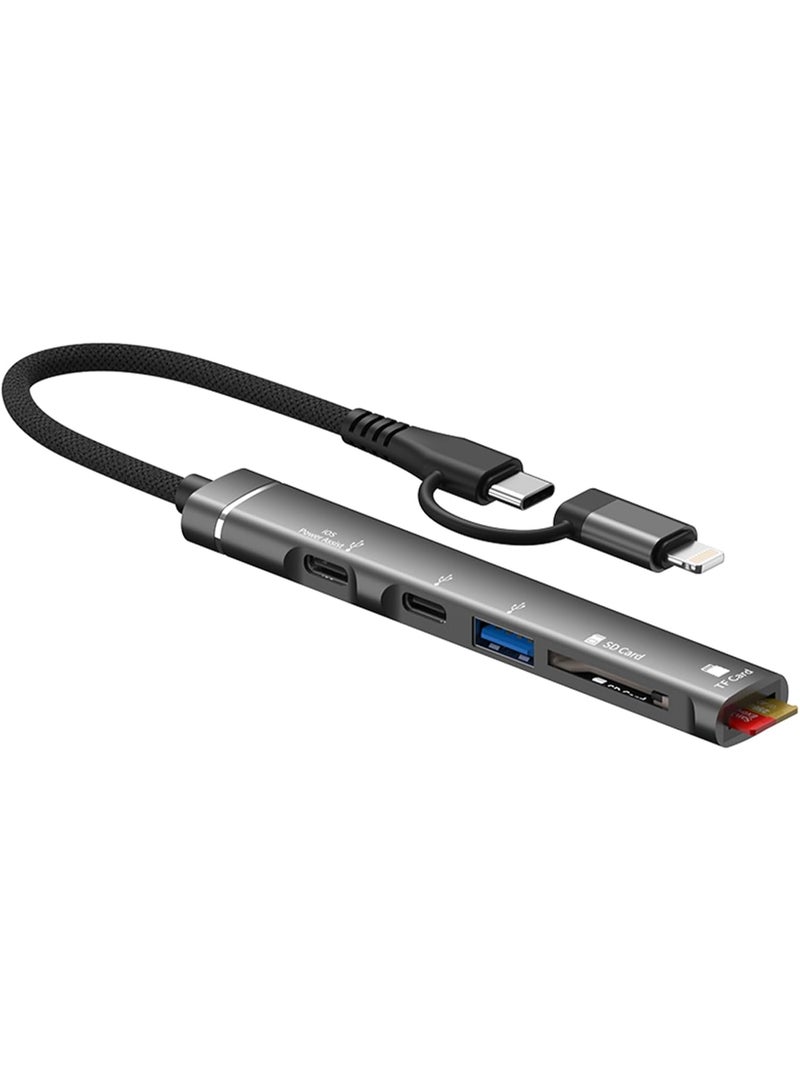 USB C/Lightning Hub, 5-in-1 MultiPort Adapter Dock with 2 x USB-C, 1 x USB A, SD/TF Card Reader Slot USB Splitter Compatible with iPhone/iPad Pro,PC,MacBook Air/Pro,Laptop,PS5/PS4 More Type C Devices - Image 1