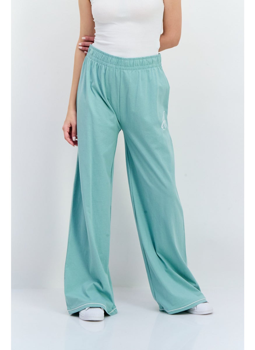 Juicy Couture Women Regular Fit Wide Leg Brand Logo Palazo  Pants, Sage Green  - Image 1