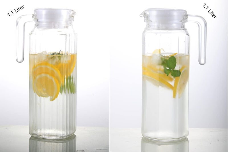 FINSTER Glass Italian Premium Water and Juice Pitcher Combo - 1.1 Liter (Set of 2), Transparent, Hot Cold Water Pitcher with Lid Juice Jug, Iced Tea, Milk and Juice Beverage Carafe, Lemon Jug. - Image 2