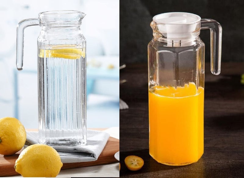FINSTER Glass Italian Premium Water and Juice Pitcher Combo - 1.1 Liter (Set of 2), Transparent, Hot Cold Water Pitcher with Lid Juice Jug, Iced Tea, Milk and Juice Beverage Carafe, Lemon Jug. - Image 3