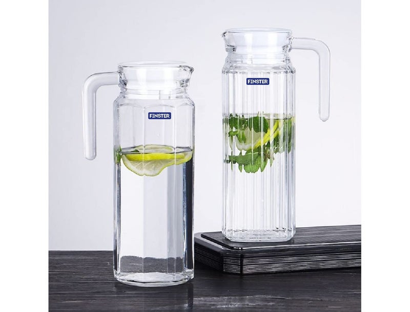 FINSTER Glass Italian Premium Water and Juice Pitcher Combo - 1.1 Liter (Set of 2), Transparent, Hot Cold Water Pitcher with Lid Juice Jug, Iced Tea, Milk and Juice Beverage Carafe, Lemon Jug. - Image 1
