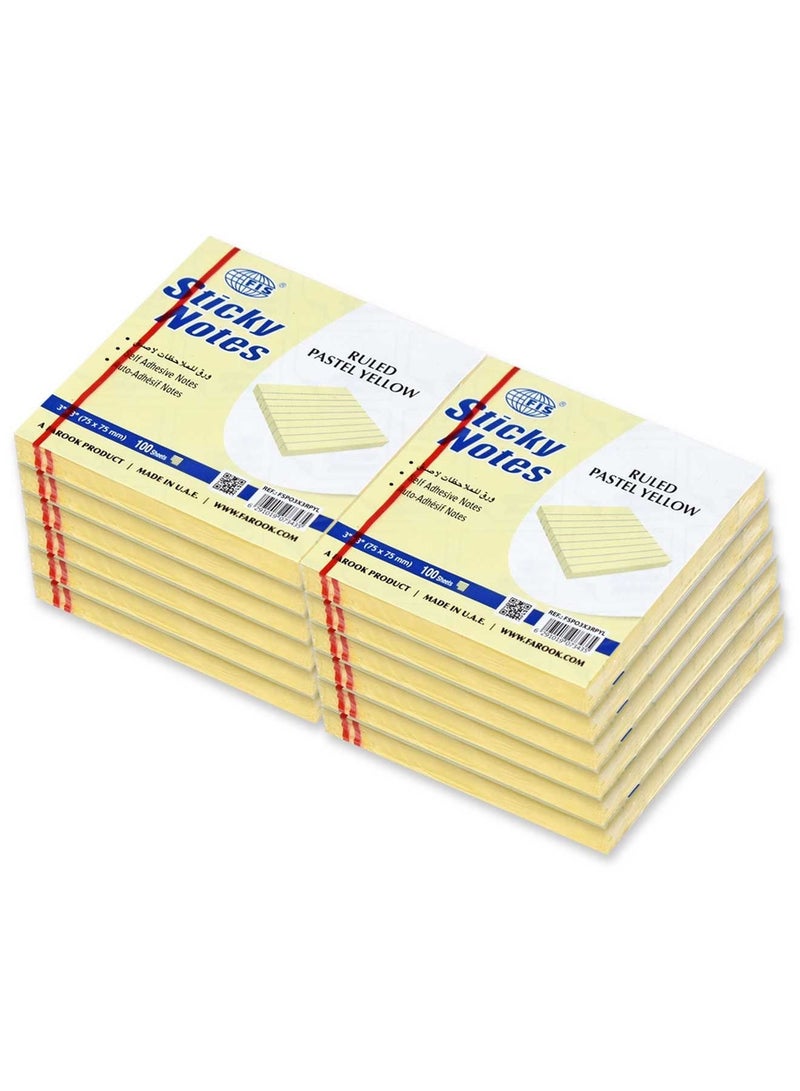 FIS Sticky Note Pad, 3X3 inches, Pack of 12, Ruled Pastel Yellow -FSPO3X3RPYL - Image 1
