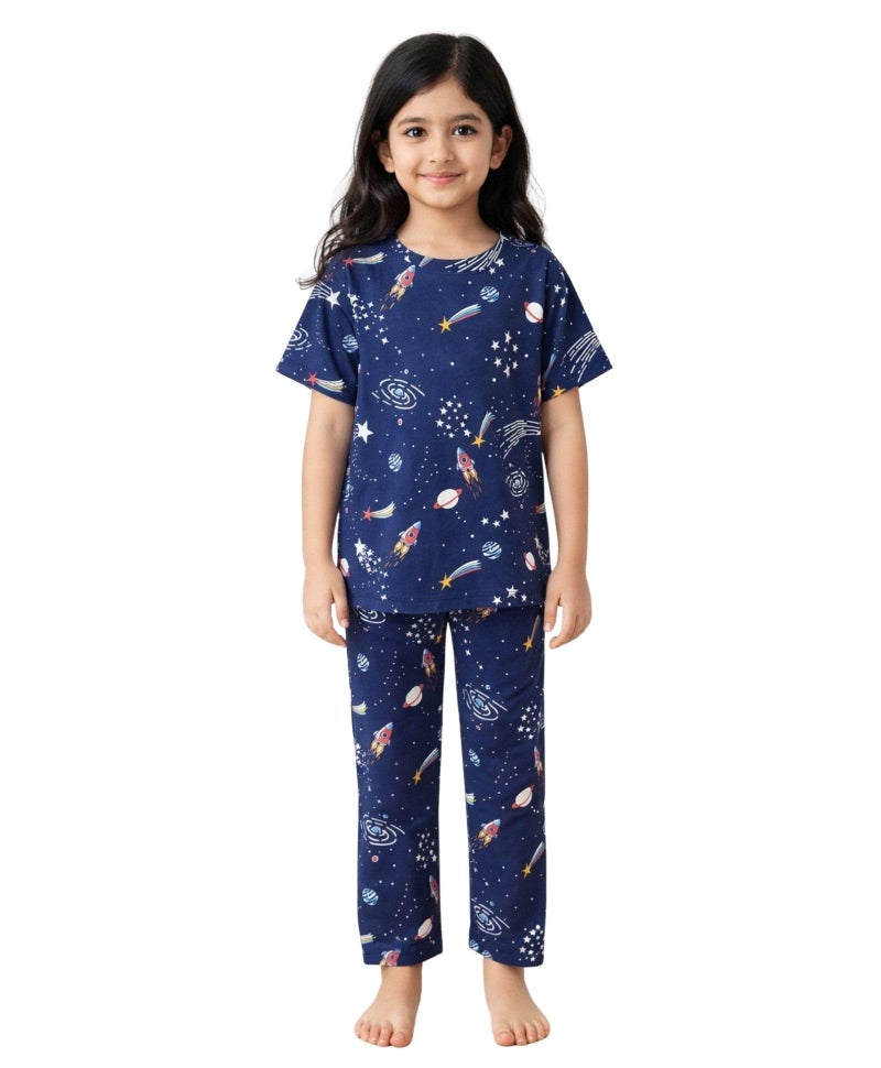 ANTHRILO Summer Solar Dreams Girls Short Sleeve Pyjama Set - Navy - Image 1