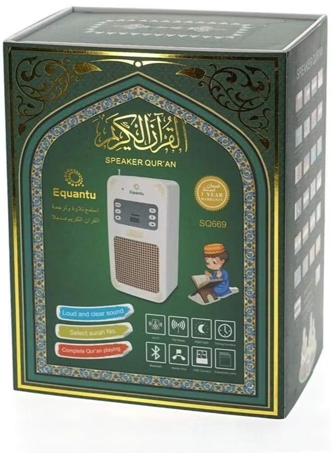 Equantu Portable Quran Bluetooth Speaker – Arabic Translator, MP3 Quran Player with USB Jack (White) - Image 1