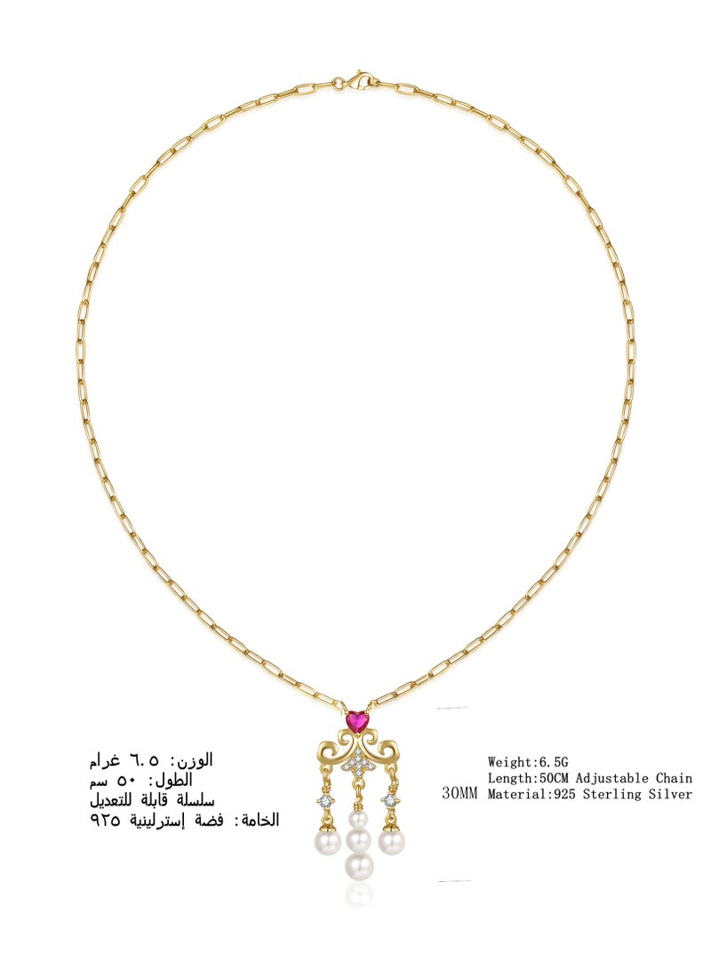 Moonmory 925 Silver Islamic Irregular Vine Tassel Pendant Necklace For Women With Paper Clip Chain, Original Design Pearl Red Heart Necklace with 50CM Adjustable PaperClip Chain, Ramadan, Mother's Day, Valentine's Day, Birthday Gift - Image 2