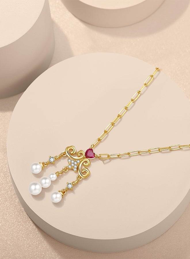 Moonmory 925 Silver Islamic Irregular Vine Tassel Pendant Necklace For Women With Paper Clip Chain, Original Design Pearl Red Heart Necklace with 50CM Adjustable PaperClip Chain, Ramadan, Mother's Day, Valentine's Day, Birthday Gift - Image 4