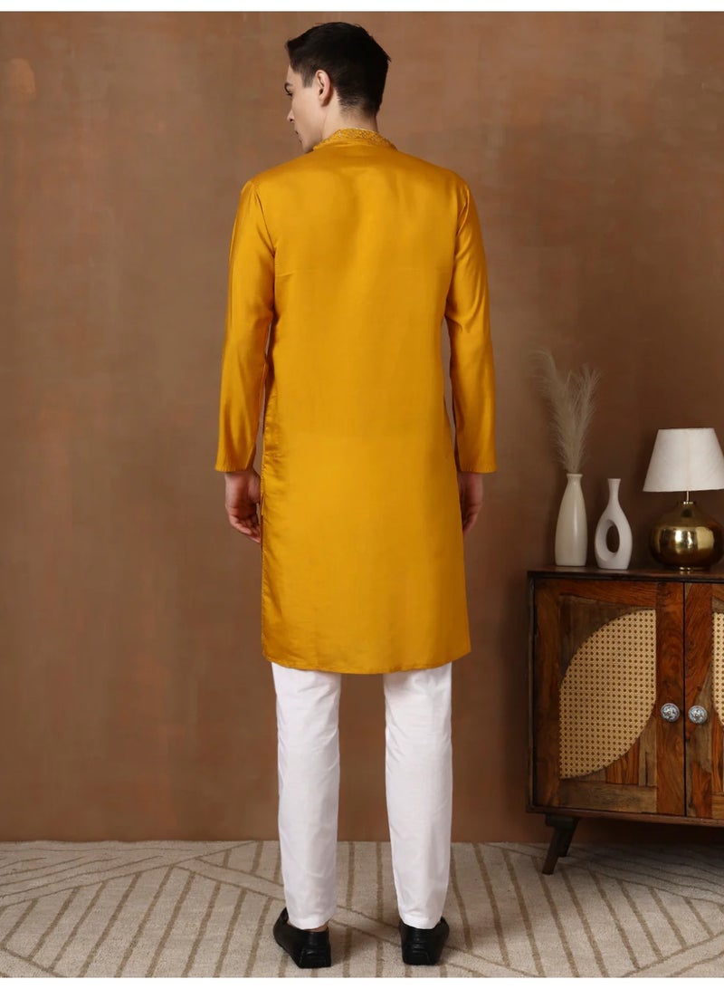 Devoiler Mens Mustard Thread & Mirror Work Modal Silk Kurta Set - Image 3