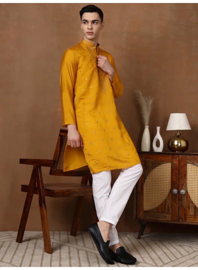 Devoiler Mens Mustard Thread & Mirror Work Modal Silk Kurta Set - Image 2