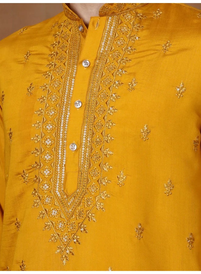 Devoiler Mens Mustard Thread & Mirror Work Modal Silk Kurta Set - Image 5