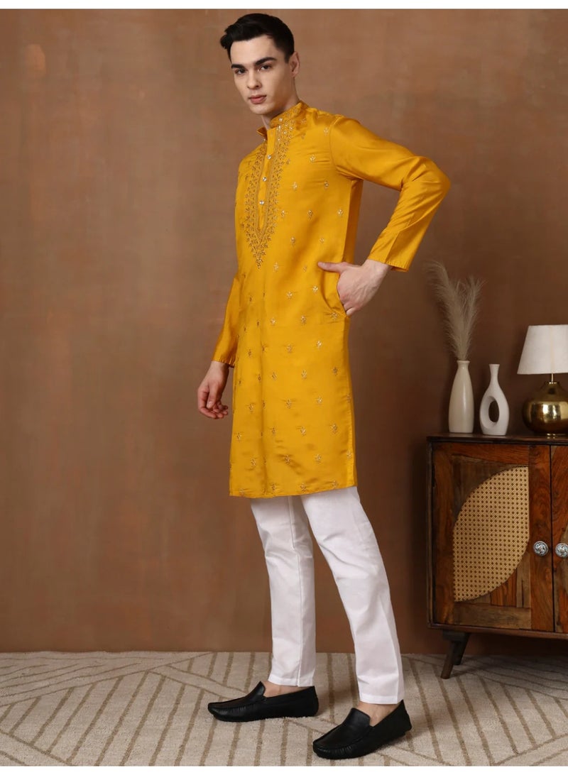 Devoiler Mens Mustard Thread & Mirror Work Modal Silk Kurta Set - Image 1