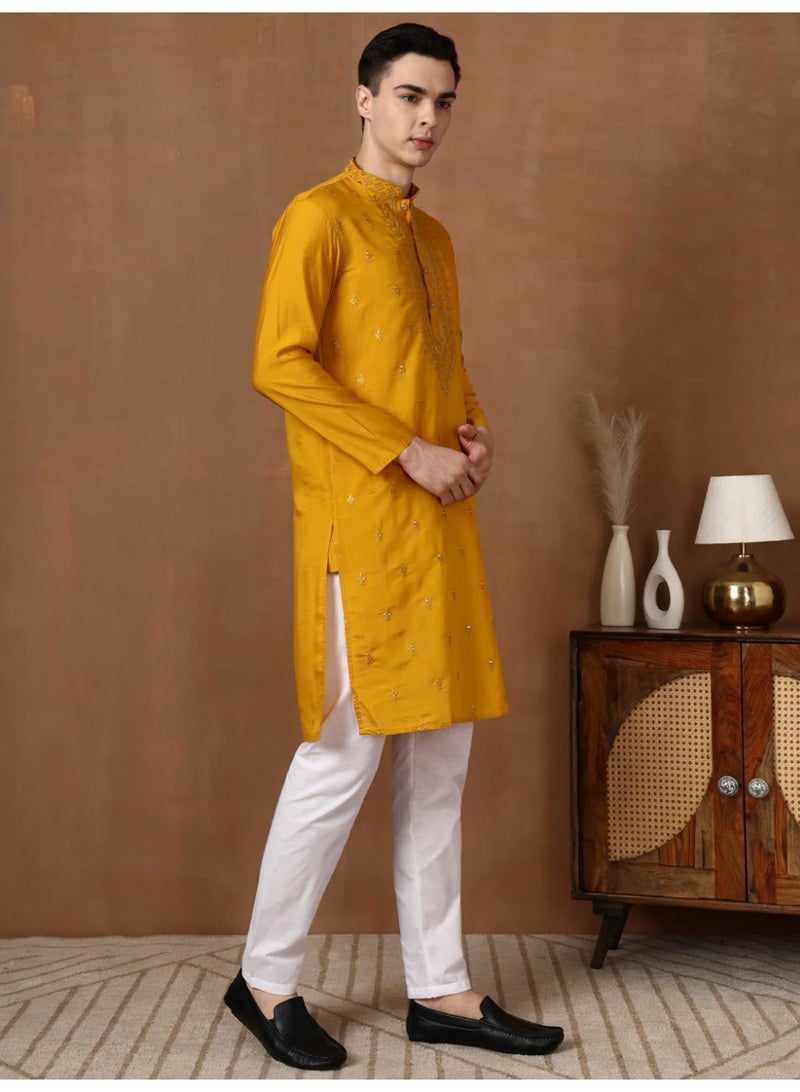 Devoiler Mens Mustard Thread & Mirror Work Modal Silk Kurta Set - Image 4