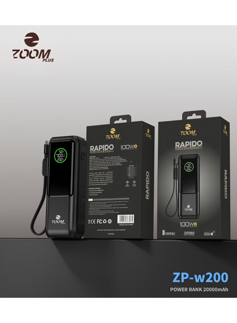 زوم بلس باور بانك 20000 مللي أمبير/ساعة شحن سريع 100 وات تصميم صغير الحجم وشاشة رقمية لعرض مستوى البطارية المتبقي - Image 3