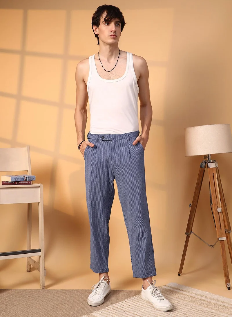 Campus Sutra Blue Lightweight - Striped Tailored Trousers for Men | Best Price UAE