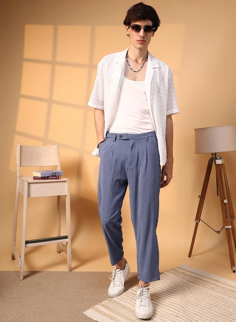 Campus Sutra Blue Lightweight - Striped Tailored Trousers for Men | Best Price UAE