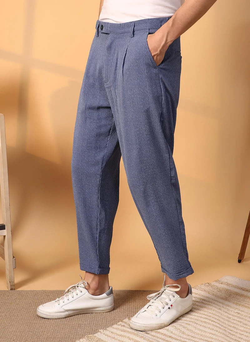 Campus Sutra Blue Lightweight - Striped Tailored Trousers for Men | Best Price UAE