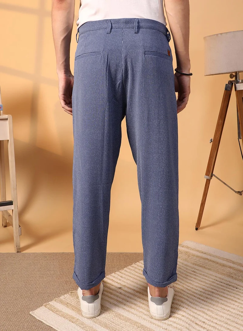 Campus Sutra Blue Lightweight - Striped Tailored Trousers for Men | Best Price UAE