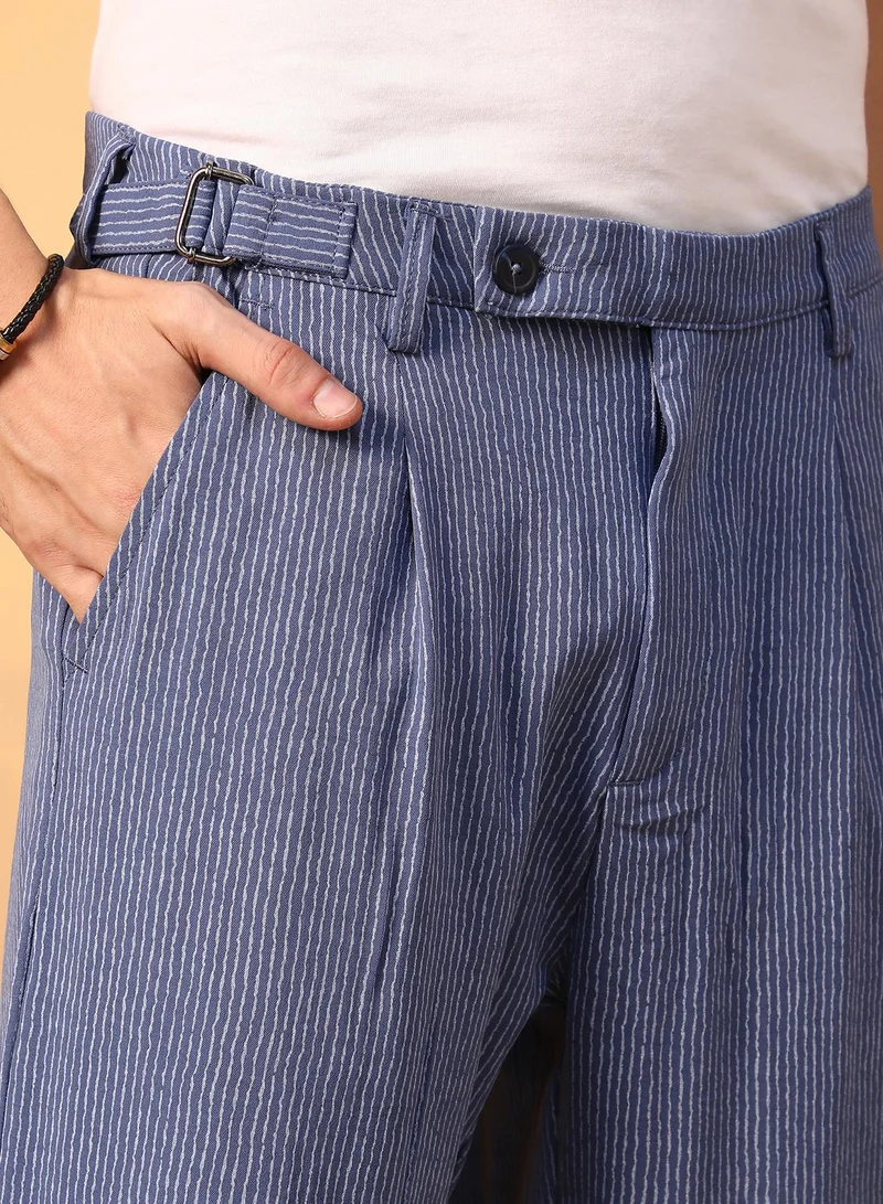 Campus Sutra Blue Lightweight - Striped Tailored Trousers for Men | Best Price UAE