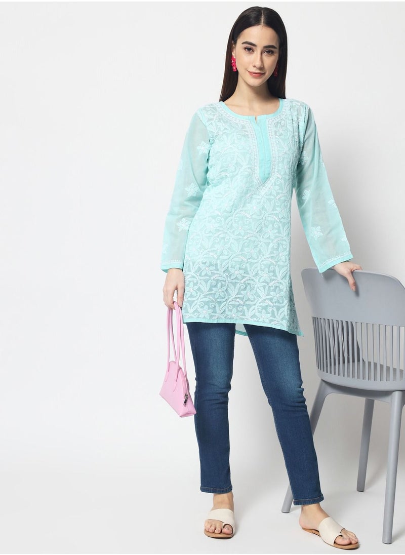 Alaya - Hand Embroidered Chikankari Cotton Straight Tunic-AL3591 - Image 1